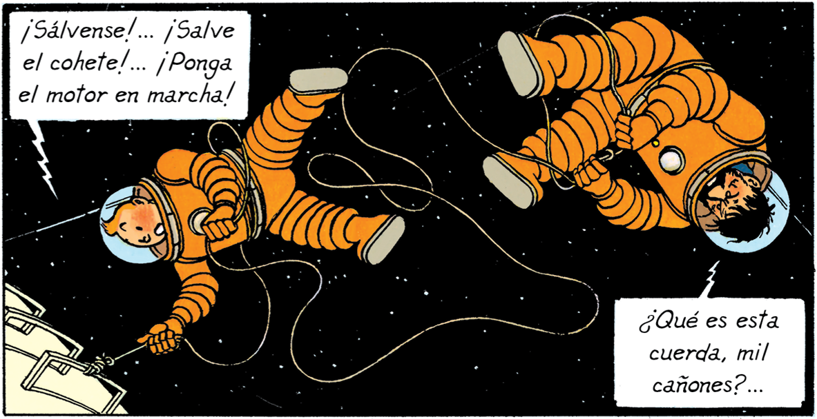 Tintin et Haddock accrochés à la fusée dans On a marché sur la Lune